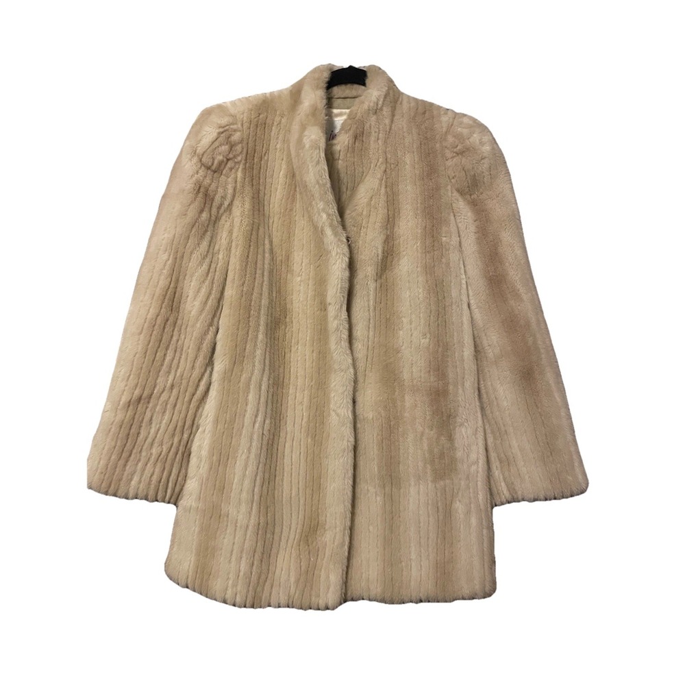 Vintage INTRIGUE Ivory Mid Length Faux Fur Coat Size 12 Mob Wife Made In USA EUC